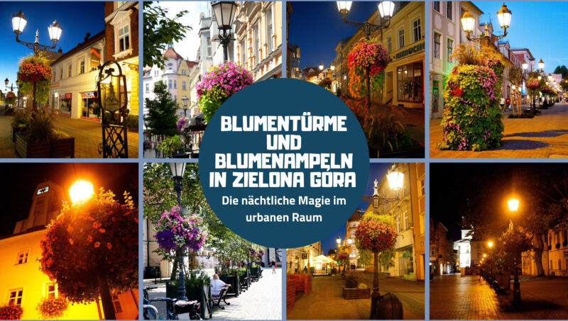 Blumentürme und Blumenampeln in Zielona Góra – Die nächtliche Magie im urbanen Raum